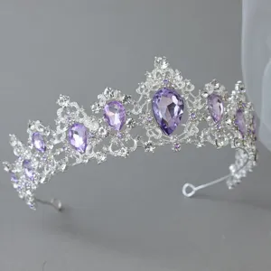 Close-up detail of the stunning silver purple crystal tiara bridal crown hair accessory.