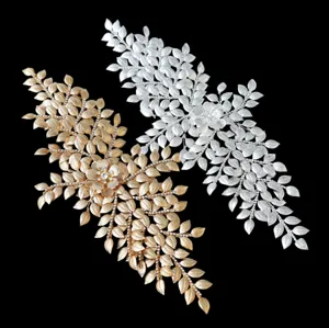 Bridal rhinestone hair accessory leaf flower applique gold silver set detail display.