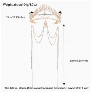 Diadema de novia de cristal dorado con hojas y elegantes cadenas de borlas para bodas.