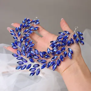 Handmade blue crystal rhinestone bridal hair vine elegant leaf tiara wedding accessory detail