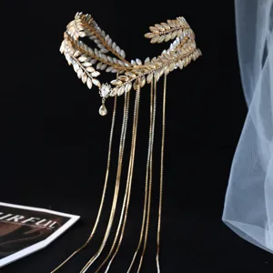 Diadema de hojas de estrás doradas accesorio para el pelo con cadenas colgantes para novia boda