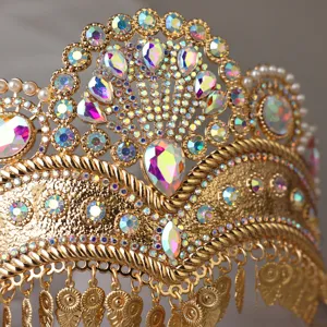 Gros plan détail du diadème couronne strass or ethnique luxueux pour danse exotique