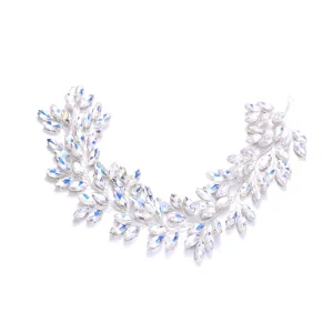 Crystal bridal hair vine closeup, showcasing sparkling faceted rhinestones and flexible silver wire.