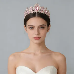 Elegant rose gold pink crystal tiara crown for bridal wedding party and photo shoot accessories