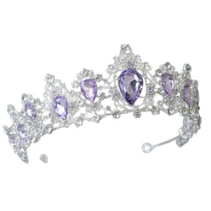 Stunning silver tiara with purple teardrop gems, perfect for bridal wedding and party wear.