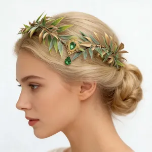 Retro verde barocco foglia cerchietto stile elfo accessorio capelli ciondolo cristallo foto