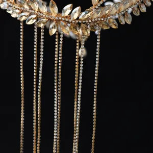 Hoja de oro diamantes imitación borla novia corona pelo accesorio elegante boda tiara