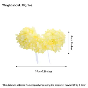 Detailed view of the yellow artificial hydrangea headpiece showing size and weight specs.