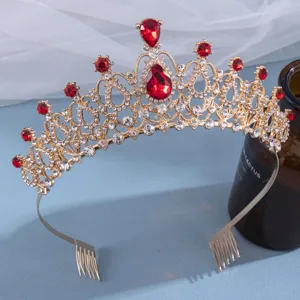European style bridal tiara crown with red and clear rhinestones hair comb accessory for wedding.