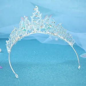 Silver rhinestone ocean crown detail, elegant mermaid tiara hair accessory for bridal wedding.