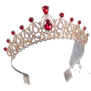 Bridal gold crown tiara with red and clear rhinestones hair comb for wedding party