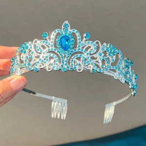 Tiara de corona de princesa de aleación plateada con pedrería azul para fiesta y boda