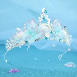 Ocean style rhinestone crown headband, blue shell butterfly hair accessory for wedding bridal party.
