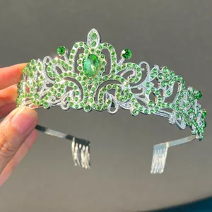 Impresionante tiara de princesa de aleación plateada con brillantes strass verdes y peinetas.