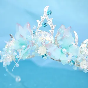 Ocean theme crystal tiara detail, rhinestone pearl crown princess wedding bridal hair accessory.