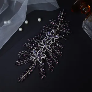 Bridal rhinestone hair vine detail shot, elegant purple crystal wedding hair accessory.