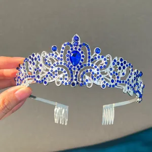 Moda europea aleación de plata diamantes de imitación azules tiara novia peine fiesta corona