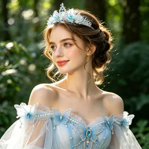 Detailed view of blue crystal butterfly bridal tiara, stunning rhinestone hair accessory.