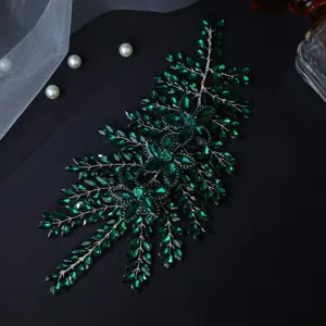 Elegant dark green rhinestone bridal hair vine handmade crystal leaf wedding hair accessory