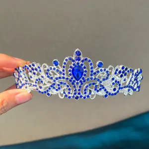 Corona tiara de diamantes de imitación azules de aleación plateada para fiesta de bodas.