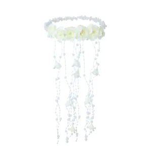 Elegant bridal pearl flower hair band, fairy style tassel headband for wedding dress party.