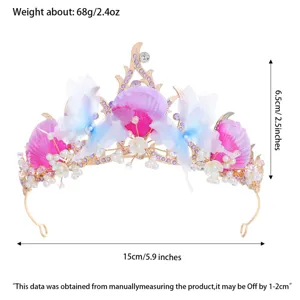 Ocean style seashell butterfly tiara bridal hair accessory, detailed view showing dimensions.