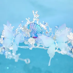 Blue ocean tiara crown with shell and butterfly rhinestones for wedding bridal hair accessories