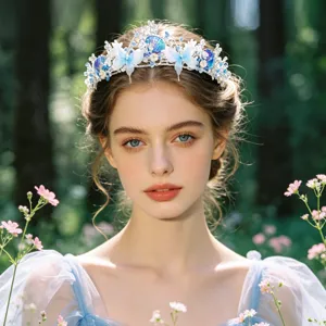 Close-up detail of the blue butterfly rhinestone crown headband in a dreamy forest setting.
