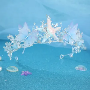 Ocean style bridal crown hair accessory with blue butterflies rhinestones for wedding.