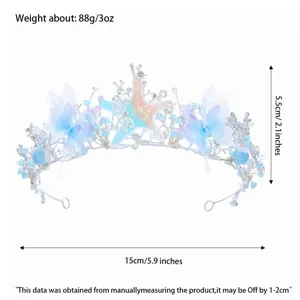 Ocean-themed rhinestone and butterfly tiara detail showing dimensions and weight for brides.