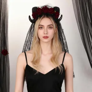 Gothic Duivelshoorn Hoofdband Met Sluier Simulatie Roos Bloem Cosplay Hoofddeksels Voor Halloween Avond Masquerade Party Accessoires