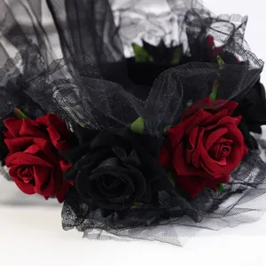 Gothic black red rose floral headband with mesh veil for Halloween party photo props hair accessory