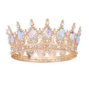 Barock Vollkreis Kristall Krone Braut Tiara gold Strass Hochzeit Haarschmuck