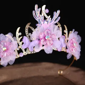 Handmade purple flower butterfly antler crown headband, crystal mesh fairy tiara hair accessory.