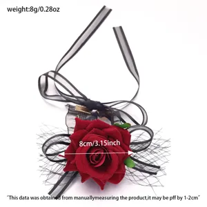 Dunkle gotische rote Rosen Haarklammer mit schwarzem Netzband, Halloween Kostümzubehör 8cm.