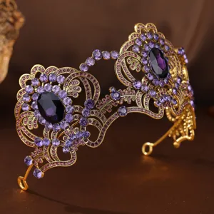Vintage purple rhinestone crown headpiece, elegant bridal tiara for parties and banquets.