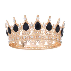 Barocker runder Goldkronen-Diadem mit schwarzen Tropfensteinen für Hochzeit und Party.