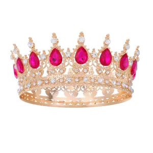 Barocke Vollkrone mit pinken Tropfen-Strasssteinen und klaren Kristallen für Brautmode.