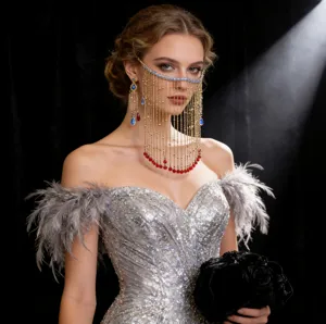 Exotic Alloy Tassel Face Chain Veil Luxury Rhinestone Artificial Pearl Beaded Mask Costume Jewelry For Women Carnival Party