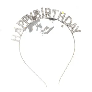 Rhinestone Happy Birthday headband metal tiara sparkling party hair hoop for celebrations.