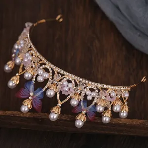 Luxus goldene Schmetterling Krone Diadem mit Perlen und Strass für Hochzeits Party Haarstyling.