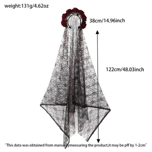 Gothic black lace veil with red roses and skull pattern for Halloween costume parties.