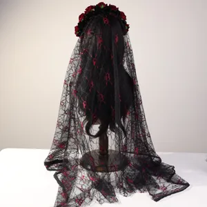 Details of black lace mesh veil with red roses, Gothic Halloween accessory back view