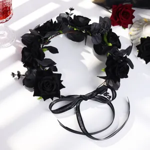 Schwarzer künstlicher Rosenkranz mit Band, ideal für Halloween Party Kostüme und Accessoires.