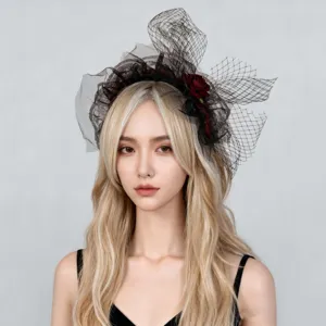 Retro Gothic Zwart Gaas Roos Haarband Voor Dames Halloween Party Heks Kostuum Accessoire Handgemaakte Bloemen Haarrand