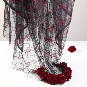 Halloween gothic black skull mesh veil and red rose flower headband party hair accessory set