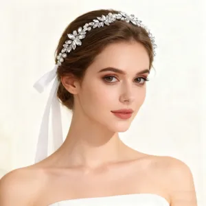 Luxurious Alloy Rhinestone Bridal Headband Elegant Leaf Shaped Artificial Pearl Wedding Hair Accessories Silk Satin Ribbon Tocado Women Jewelry