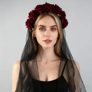 Halloween Gothic Black Mesh Veil Artificial Rose Flower Headband Skull Lace Hair Accessories For Party Dress Up Women