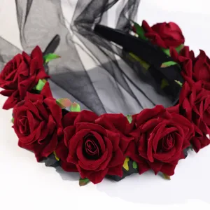 Gothic black rose headband with sheer veil Halloween costume hair accessory for women party