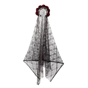 Black skull mesh veil with red roses lace headband for Halloween costume party dress up